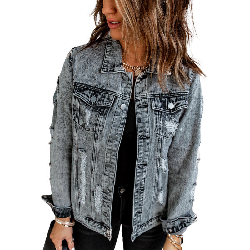 Denim Tops For Women Leisure Washed-out Distressed