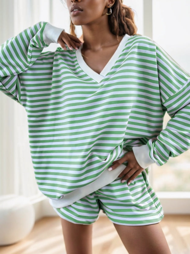 2pcs Striped Long Sleeve Top And Matching Pants Set For Women