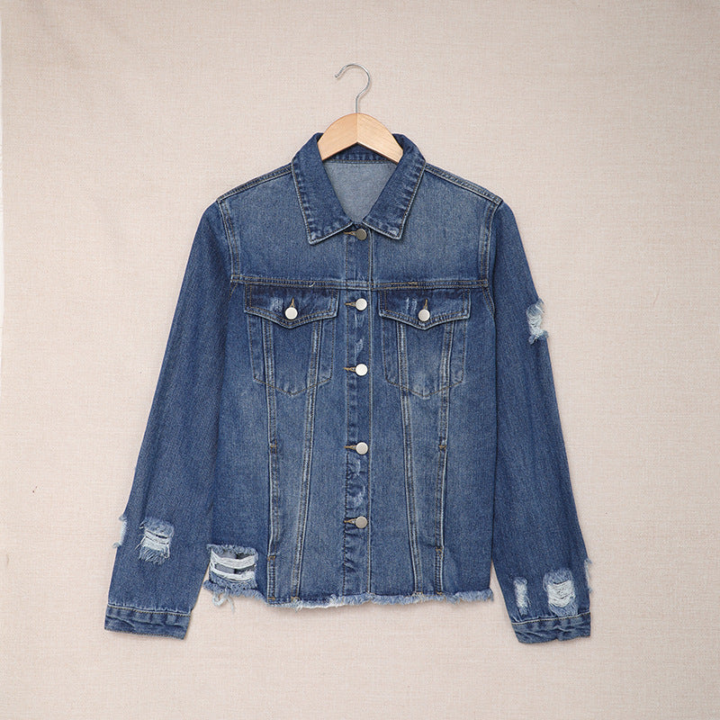 Denim Tops For Women Leisure Washed-out Distressed
