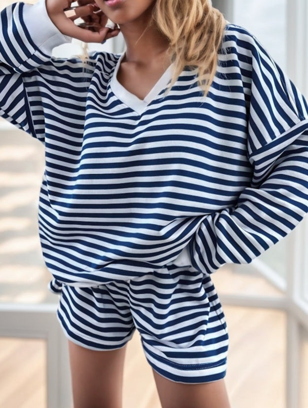 2pcs Striped Long Sleeve Top And Matching Pants Set For Women