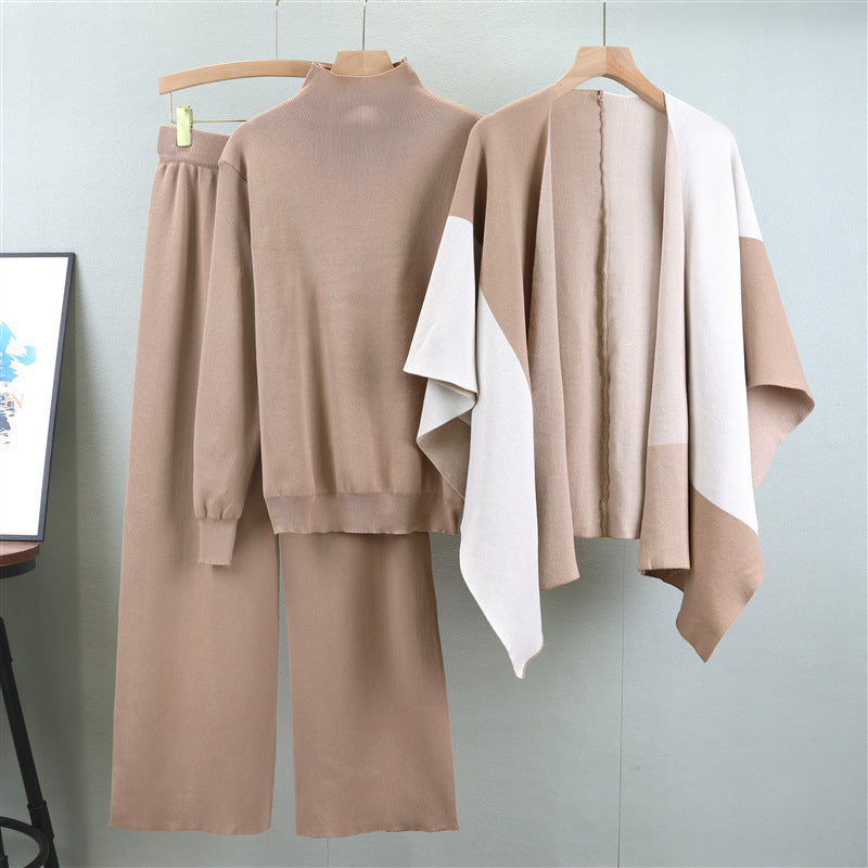 Fashionable Knitted Color Matching Shawl Wide Leg Pants Three-piece Set For Women