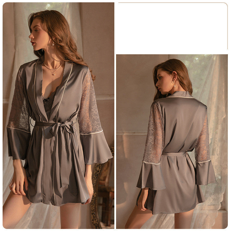 Deep V Lace Satin Nightdress Loungewear Set