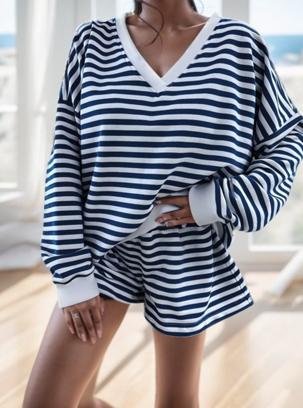 2pcs Striped Long Sleeve Top And Matching Pants Set For Women