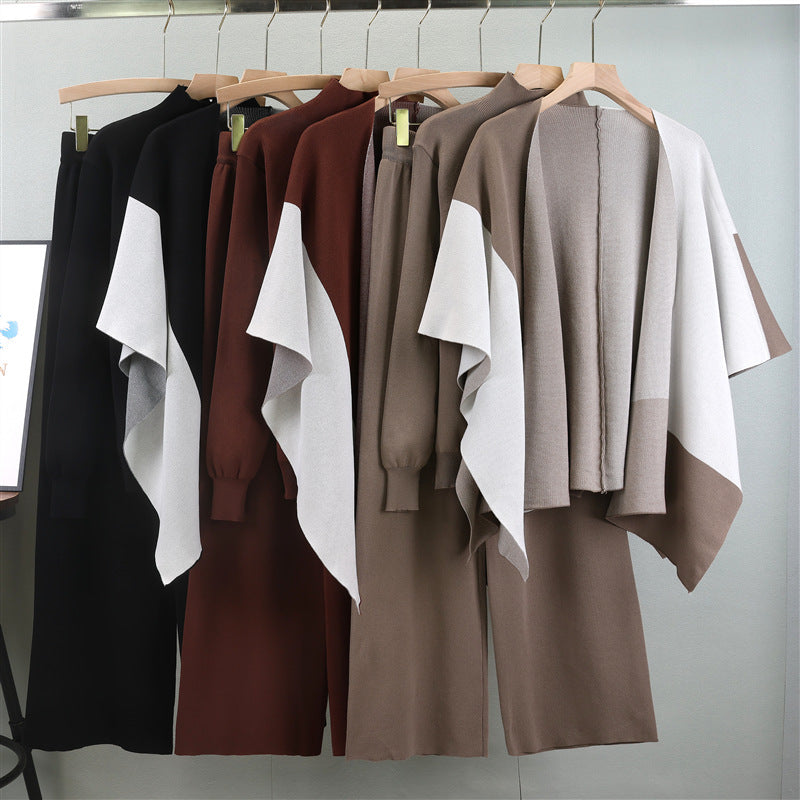 Fashionable Knitted Color Matching Shawl Wide Leg Pants Three-piece Set For Women