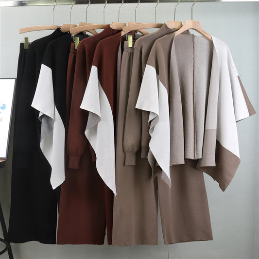 Fashionable Knitted Color Matching Shawl Wide Leg Pants Three-piece Set For Women
