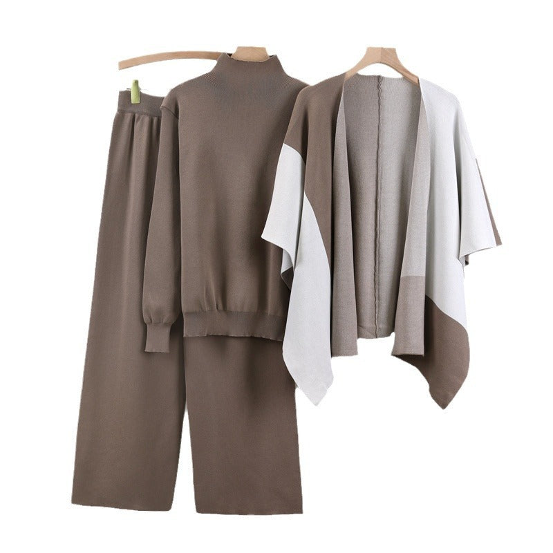 Fashionable Knitted Color Matching Shawl Wide Leg Pants Three-piece Set For Women